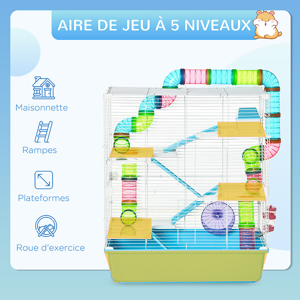 PAWHUT - Grande cage à hamsters 5 niveaux - tunnels, abreuvoir, roue, maisonnette, échelles - dim. 59L x 36l x 69H cm - métal PP bleu blanc - large