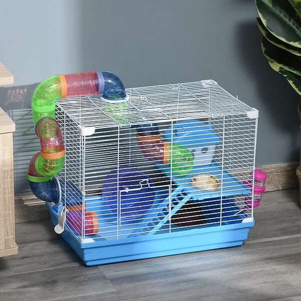 PAWHUT - Cage à hamster rongeur 2 niveaux avec tunnel, biberon eau, roue, maisonnette, échelles - dim. 46L x 30l x 37H cm - métal blanc PP bleu - large