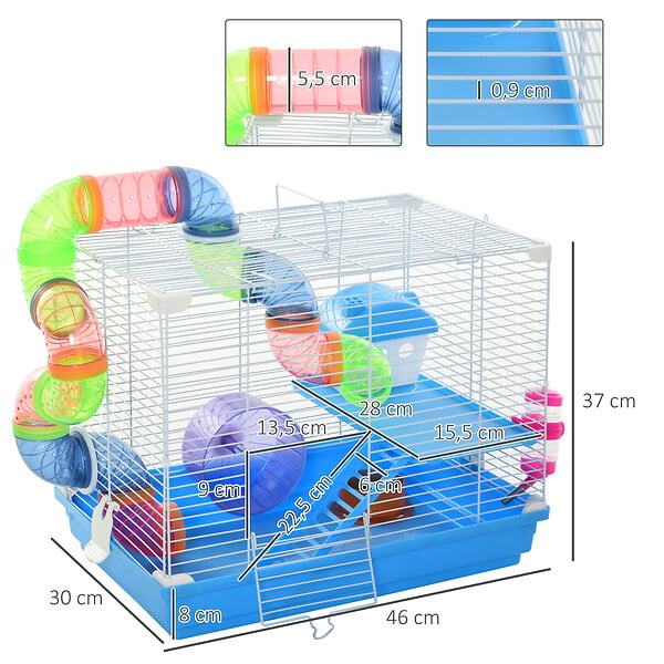 PAWHUT - Cage à hamster rongeur 2 niveaux avec tunnel, biberon eau, roue, maisonnette, échelles - dim. 46L x 30l x 37H cm - métal blanc PP bleu - large