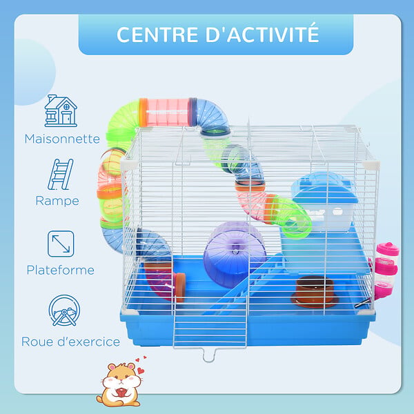 PAWHUT - Cage à hamster rongeur 2 niveaux avec tunnel, biberon eau, roue, maisonnette, échelles - dim. 46L x 30l x 37H cm - métal blanc PP bleu - large
