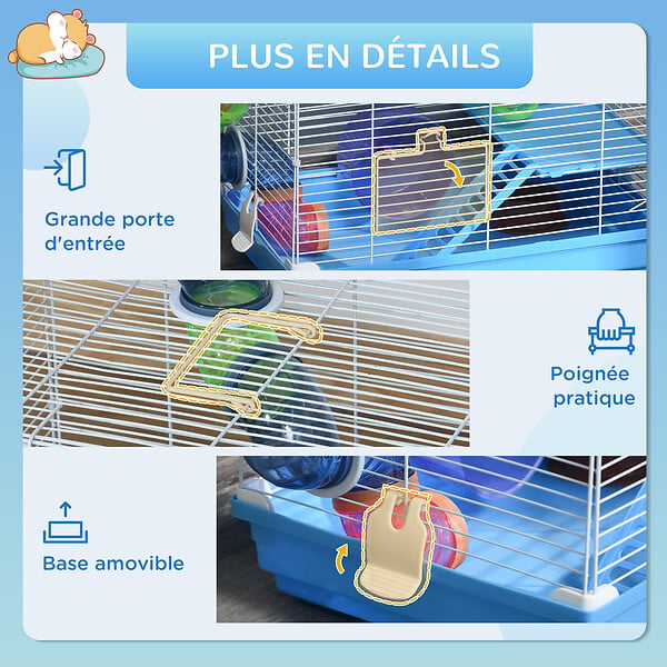 PAWHUT - Cage à hamster rongeur 2 niveaux avec tunnel, biberon eau, roue, maisonnette, échelles - dim. 46L x 30l x 37H cm - métal blanc PP bleu - large