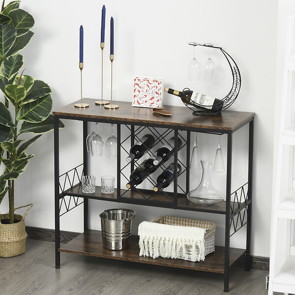 HOMCOM - Homcom Étagère Style Industriel Étagère Porte Bouteilles Casier À Vin 7 Bouteilles Support Verres À Vin Intégré 16 Max. Métal Noir Panneaux Particules Aspect Vieux Bois Veinage - large