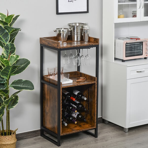 HOMCOM - Homcom Casier À Vin Design Industriel Étagère À Bouteilles 9 Bouteilles Support Verres À Vin Intégré Métal Noir Aspect Vieux Bois Veinage - large