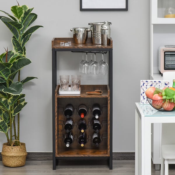 HOMCOM - Homcom Casier À Vin Design Industriel Étagère À Bouteilles 9 Bouteilles Support Verres À Vin Intégré Métal Noir Aspect Vieux Bois Veinage - large