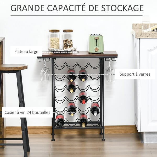 HOMCOM - Homcom Étagère Style Industriel Étagère Porte Bouteilles Casier À Vin 24 Bouteilles Support Verres À Vin Intégré 6 Max. Métal Noir Mdf Aspect Bois Noyer - large
