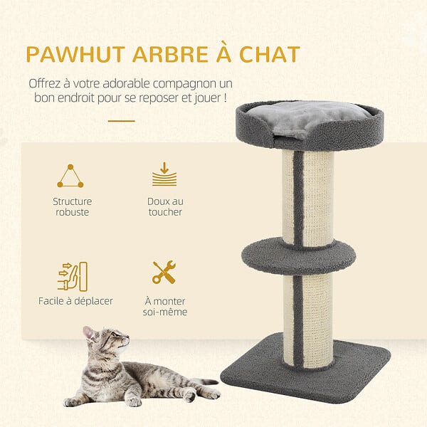 PAWHUT - Arbre à chat avec griffoir centre d'activités 2 plateformes coussin gris - large