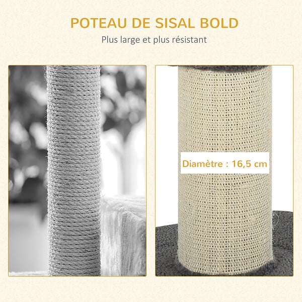 PAWHUT - Arbre à chat avec griffoir centre d'activités 2 plateformes coussin gris - large
