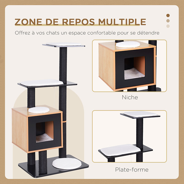 PAWHUT - Arbre à chats design contemporain griffoirs grattoirs sisal naturel centre d'activités niche plate-formes jeu boules suspendues 71L x 49l x 120H cm MDF noir hêtre - large