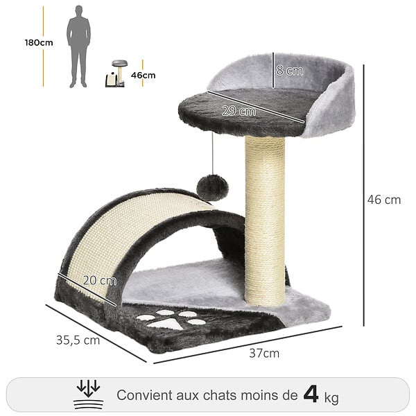 PAWHUT - Arbre à chat griffoir grattoir design jeu boule suspendue + plateforme peluche sisal naturel gris - large