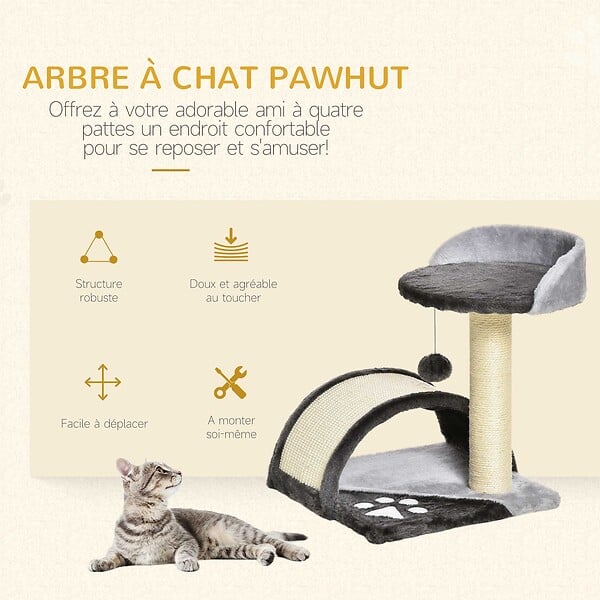 PAWHUT - Arbre à chat griffoir grattoir design jeu boule suspendue + plateforme peluche sisal naturel gris - large