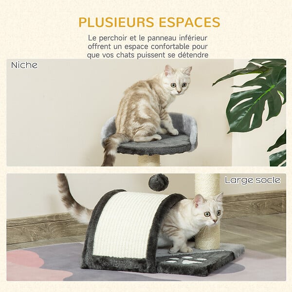 PAWHUT - Arbre à chat griffoir grattoir design jeu boule suspendue + plateforme peluche sisal naturel gris - large