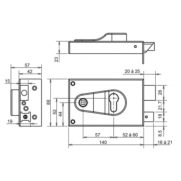 METALUX - Serrure en applique type ND 10 modulable à cylindre européen horizontale à fouillot 772 droite - large