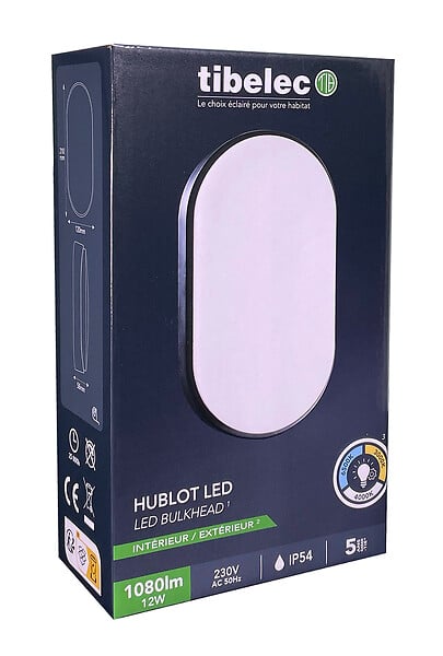 TIBELEC - Hublot ovale extérieur LED ALUDRA Noir IP54 8W - large