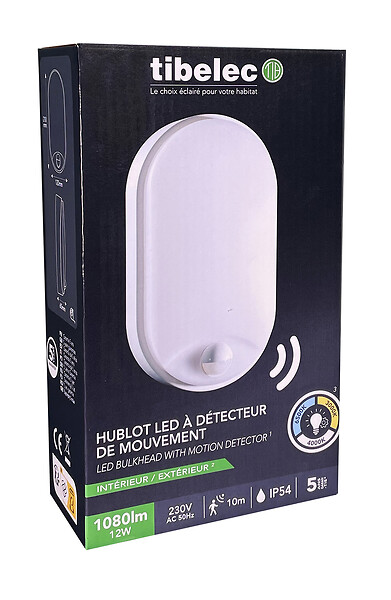 TIBELEC - Hublot ovale LED ALUDRA - Blanc - 12W avec détecteur - large