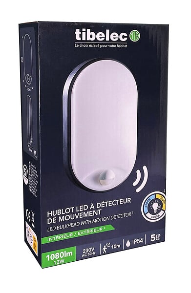 TIBELEC - ALUDRA Hublot ovale noir IP54 LED 12W avec détecteur, couleurs de lumi - large
