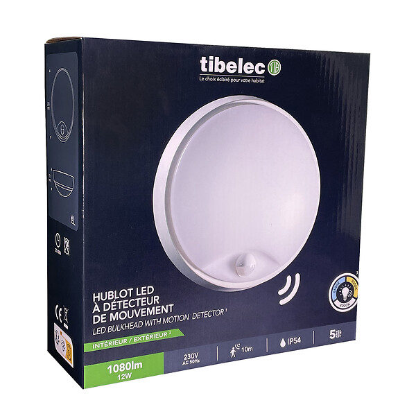 TIBELEC - VELA Hublot rond blanc IP54 12W avec détecteur, couleurs de lumière ré - large