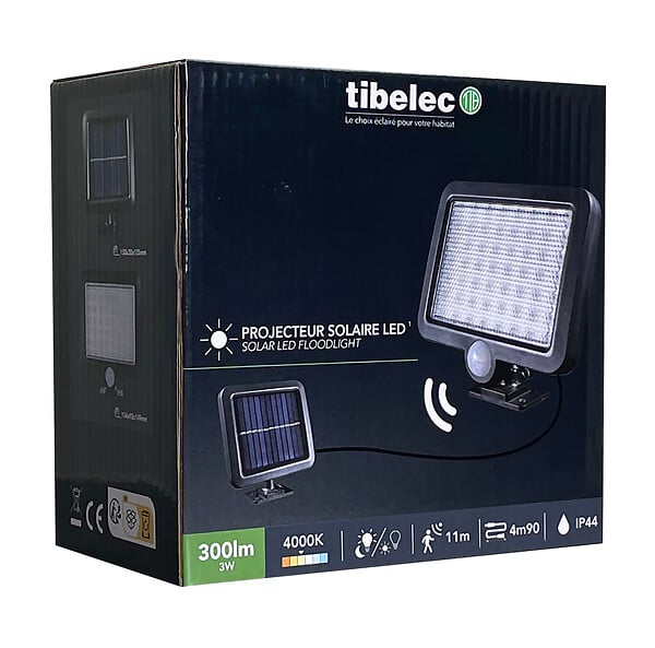 TIBELEC - Mini projecteur solaire LED avec détecteur - Noir - 3W - large