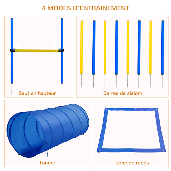 PAWHUT - Agility sport pour chiens équipement complet obstacle, tunnel, slalom, zone repos + sac de transport bleu jaune - large