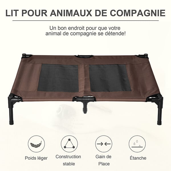 PAWHUT - Lit sur pieds pour chien chat lit de camp animal lit surélevé Oxford textilène micro-perforé dim. 92L x 76l x 18H cm marron - large