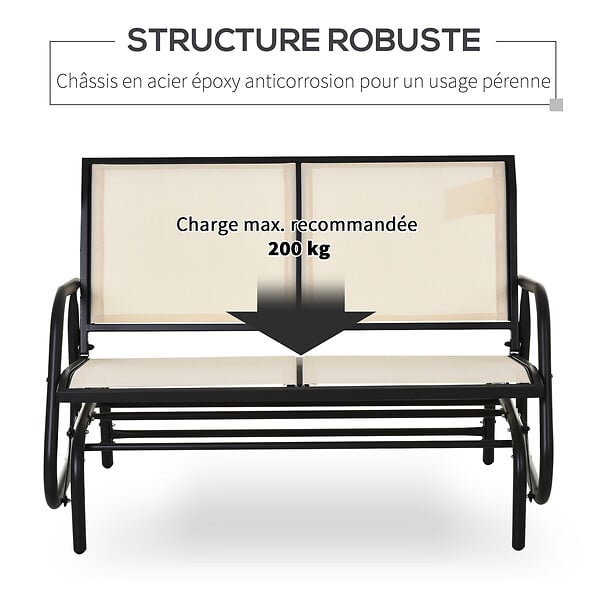 OUTSUNNY - Banc à bascule de jardin 2 places design contemporain grand confort accoudoirs assise et dossier ergonomique acier textilène beige - large