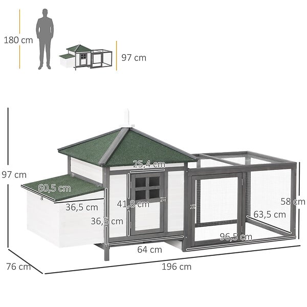 PAWHUT - Poulailler cottage multi-équipement perchoir rampe pondoir enclos tiroir à déjection 196L x 76l x 97H cm bois massif pin gris blanc - large