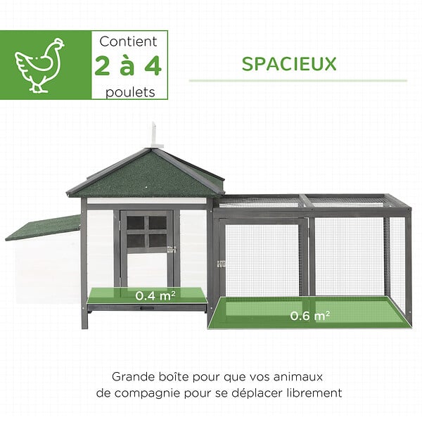 PAWHUT - Poulailler cottage multi-équipement perchoir rampe pondoir enclos tiroir à déjection 196L x 76l x 97H cm bois massif pin gris blanc - large