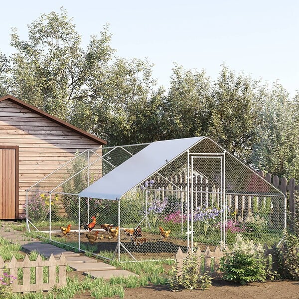 PAWHUT - Enclos poulailler chenil 18 m² - parc grillagé dim. 6L x 3l x 2H m - espace couvert - acier galvanisé - large