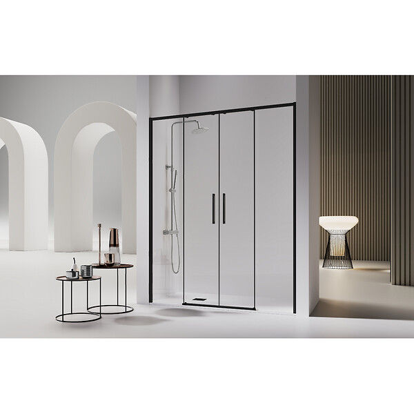 KASSANDRA - Paroi de douche 2 verres fixes + 2 portes coulissantes DELTA noir mat 151-153.6 cm - large