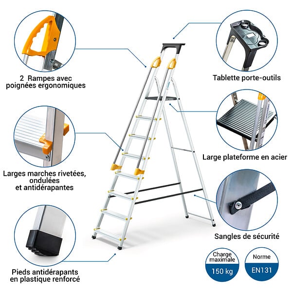 HOSTRÃ–M - Escabeau 8 marches DURAMP sécurisé avec rampes, tablette porte-outils, marchepied pliable aluminium, hauteur plateforme 162cm, garantie 5 ans Hoström - large