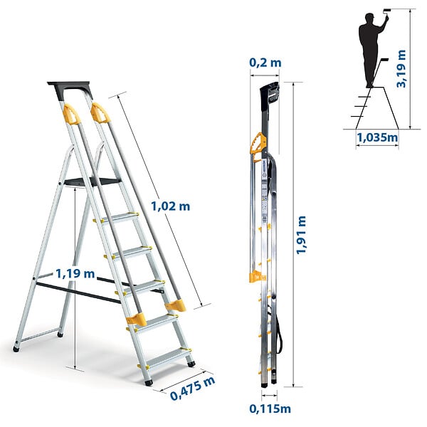 HOSTRÃ–M - Escabeau 6 marches DURAMP sécurisé avec rampes, tablette porte-outils, marchepied pliable aluminium, hauteur plateforme 119cm, garantie 5 ans Hoström - large