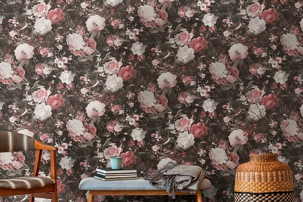 AS CREATION - Fleur blossom rose sur fond noir - L.0,53x10,05m - large