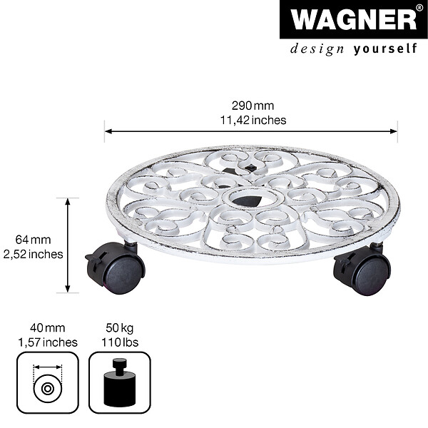 WAGNER - Support à roulettes rond fonte blanc antique - 50 kg - large
