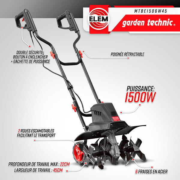 ELEM GARDEN TECHNIC - Motobineuse électrique 1500W - 6 fraises - 45cm - large