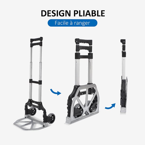 HOMCOM - Chariot diable pliable leger telescopique charge 70kg en aluminium argent-noir - large