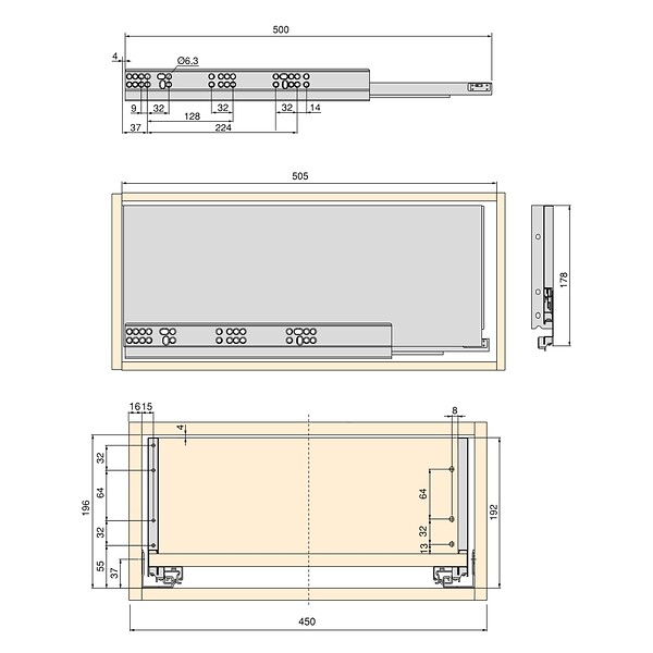 EMUCA - Kit de tiroirs pour cuisine ou salle de bains Vertex, hauteur 178mm, avec panneaux inclus, module 450mm, Peint en blanc - large