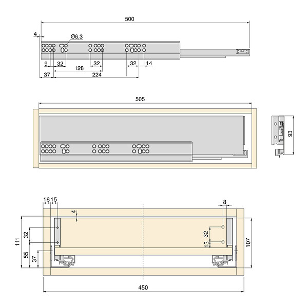 EMUCA - Kit de tiroirs pour cuisine ou salle de bains Vertex, hauteur 93mm, avec panneaux inclus, module 450mm, peint en blanc - large