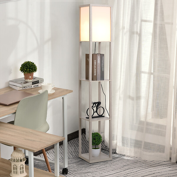 HOMCOM - Lampadaire étagère lampe étagère 26L x 26l x 160H cm 3 étagères 4 niveaux MDF gris clair - large