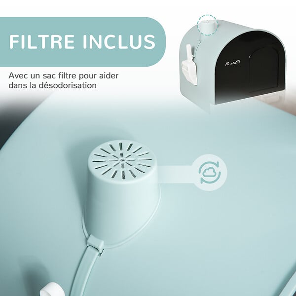PAWHUT - Maison de toilette bac à litière pour chat avec porte battante, pelle et filtre inclus dim. 43L x 44l x 47H cm PP bleu - large