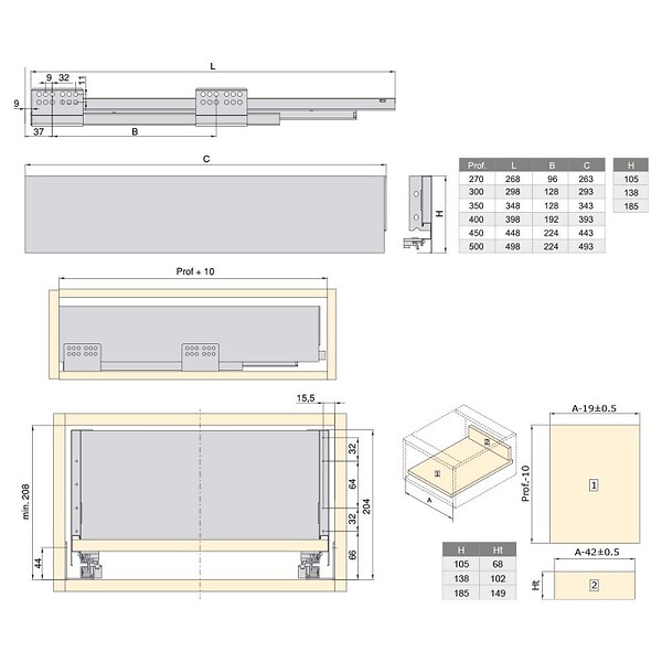 EMUCA - Kit de tiroir pour cuisine et sdb Concept - H. 185mm - P. 400mm - Fermeture amortie - Acier - Anthracite - large