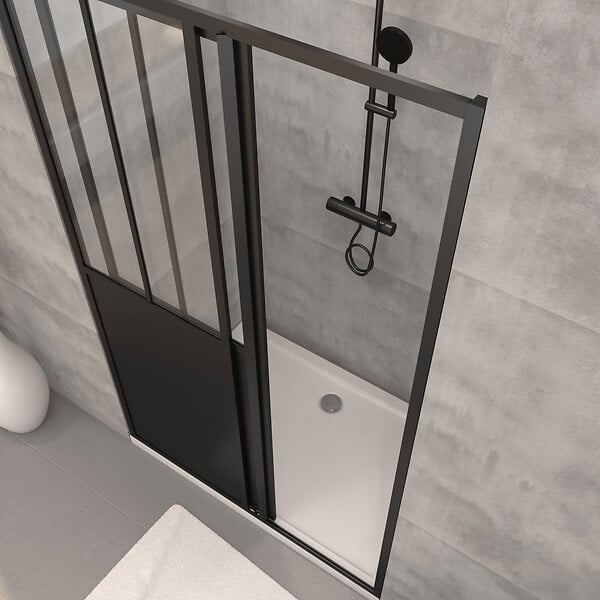 AURLANE - Pack Porte Coulissante Noire Mate Type 'Atelier' et Receveur en Acrylique Blanc - 120x90x200 cm - large