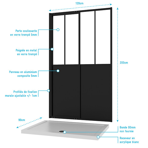 AURLANE - Pack Porte Coulissante Noire Mate Type 'Atelier' et Receveur en Acrylique Blanc - 120x90x200 cm - large