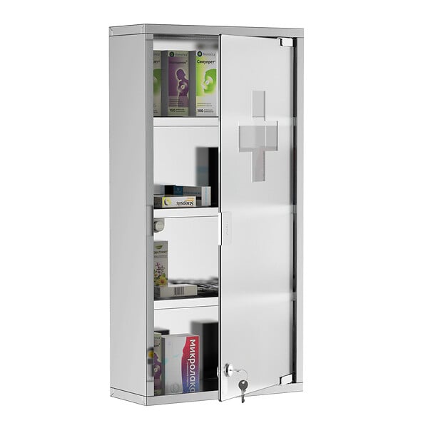 HOMCOM - Armoire à pharmacie 3 étagères 4 niveaux 30L x 12l x 60H cm porte verre trempé symbole croix acier inoxydable brossé - large