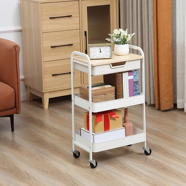HOMCOM - Desserte de cuisine chariot de service 2 étagères tiroir plateau aspect bois clair acier PP blanc - large