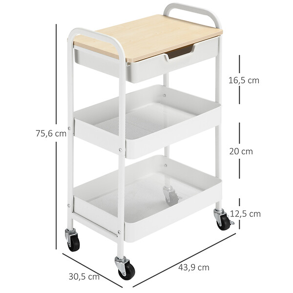 HOMCOM - Desserte de cuisine chariot de service 2 étagères tiroir plateau aspect bois clair acier PP blanc - large