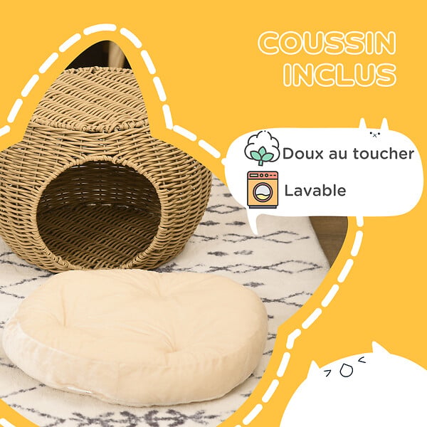 PAWHUT - Panier chat lit chat cosy grand confort dim. Ø 40 x 30H cm coussin moelleux inclus polyester résine beige - large