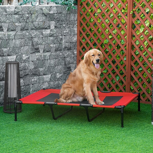 PAWHUT - Lit sur pieds XXL pour chien chat lit de camp animal lit surélevé Oxford textilène micro-perforé dim. 122L x 92l x 23H cm rouge - large