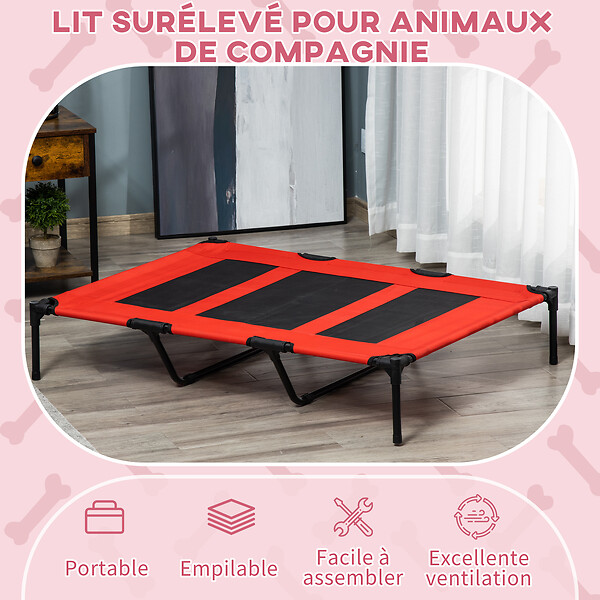 PAWHUT - Lit sur pieds XXL pour chien chat lit de camp animal lit surélevé Oxford textilène micro-perforé dim. 122L x 92l x 23H cm rouge - large