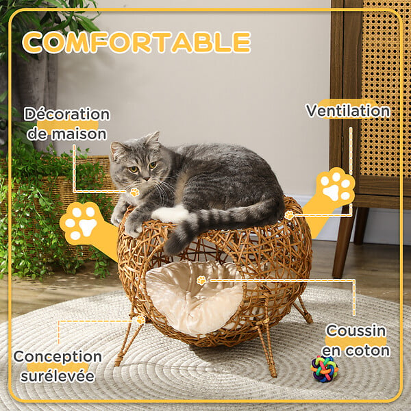 PAWHUT - Panier chat lit chat cosy grand confort dim. Ø 40 x 32H cm coussin moelleux inclus polyester beige rotin - large