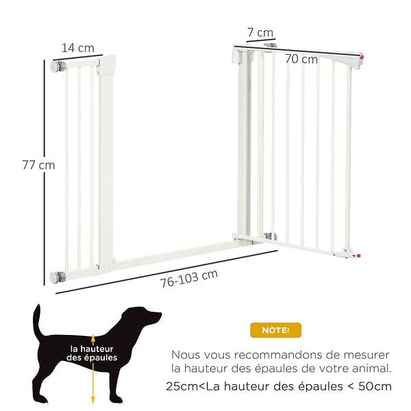 PAWHUT - Barrière de sécurité animaux réglable 76-103L cm - porte 2 verrouillages, ouverture 2 sens - acier ABS blanc - large