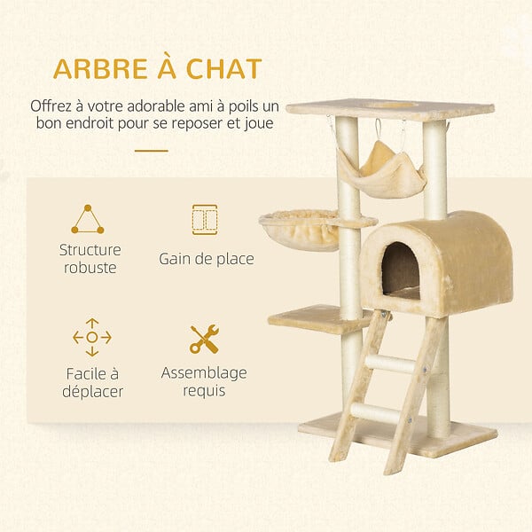 PAWHUT - Arbre à chat griffoir arbre à grimper tour de jeu stable à plusieurs niveaux centre d'activités hauteur 98 cm beige - large